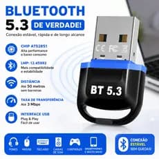 Adaptador USB Bluetooth 5.3 para PC Notebook Receptor Dongle Plug e Play Windows Alta Velocidade, Até 5 dispositivos