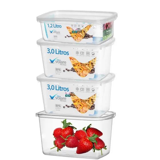 KIT POTE TRANSPARENTE 4 PEÇAS VOLARE  3 POTES 3 LITROS 1 DE 1,2 L.  MARMITA  LANCHEIRA PRESIDIO FITNESS SAUDAVEL