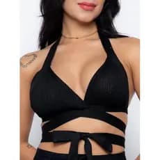 Top Cropped Premium Feminino Tricot Canelado Decote Amarração