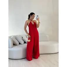 MACACÃO LONGO PANTALONA SEDINHA COM BOLSO E AMARRAÇÃO, COSTAS À MOSTRA