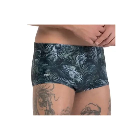 Sunga Mash Estampada Folhagem Laterais Largas Poliamida Masculino Adulto Verao Praia Piscina Nao Aperta Azul Preto