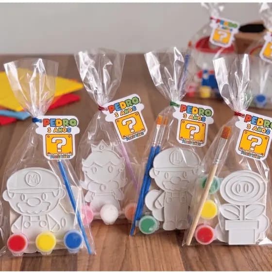 Kit Pintura Infantil Personalizado Lembrancinha | Figura + Tinta + Pincel + Tag | Super Mario