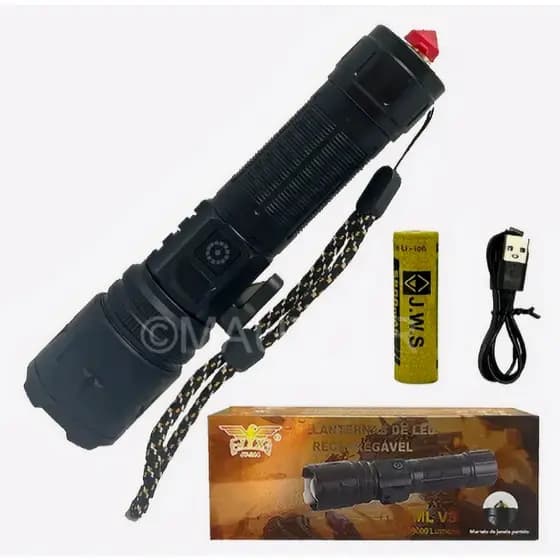 Lanterna Tática JWS Led Cree Xml V3 Recarregável Preto JY-A14 Luz Branca Alta Potência Laser