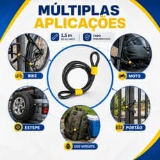 Cabo de Aço Emborrachado Em PVC 10mm Antifurto 1,5 m Para Bicicleta Moto e Estepe