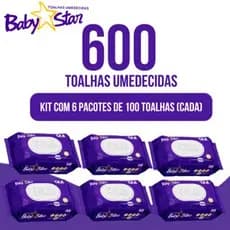Caixa com 6 Lenços/Toalhas Umedecidas Baby Star Roxa c/ 100 Unidades Cada – Tampa FlipTop