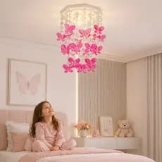 Lustre Plafon Infantil Menina Cristal Acrílico Decoração Quarto de Criança Luminária de Teto Borboletas Rosa