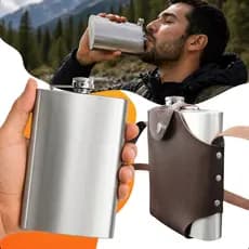 Cantil Inox 500ml Com Bolsa Capa Portátil Couro Alça Porta Bebida Whisky