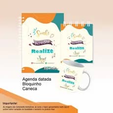 Kit agenda datada, caneca e bloquinho de notas personalizado