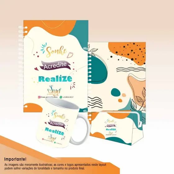 KIT SAMY - Caderno A5, agenda permanente, estojo e caneca personalizados
