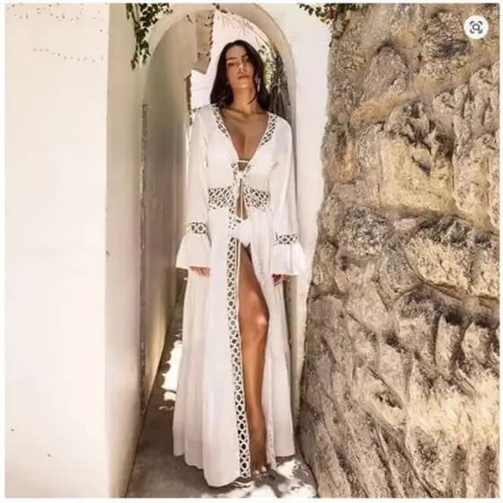 Kimono Moda Praia Saida de Praia Feminino Branca Chique - Moda Praia - Saída de Banho Piscina Verão