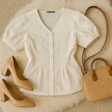 Blusa Plus Lese Camisa Elegante Manga bufante casual botão detalhada Gola V social Casual ref 2511