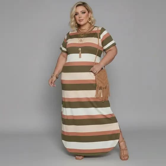 Vestido Plus Size Curve Longo Fendas Moda Verão Manga Curta 2710
