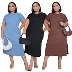Vestido Plus Size  RIBANA Midi Basico Elegante Confortavel Liso Feminino Malha Canelada 2730