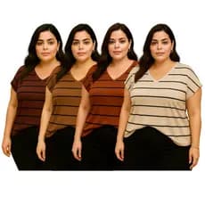 Blusa Plus Size Feminina Elegante Listrada Listras Social Moda Evangelica Gola V 2598