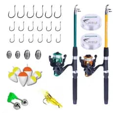 Kit Completo com 2 Vara Telescópica + 2 Molinete + linha + caixa com Acessórios Barato Pesca