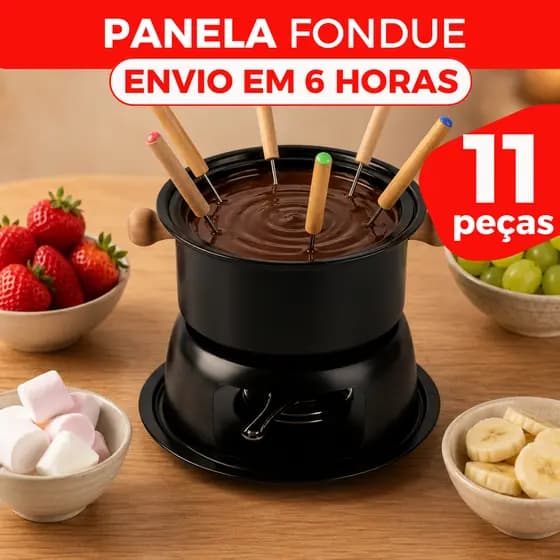 Aparelho de Fondue 11 Peças Aço Carbono com Garfinhos e Rechaud Queimador Para Queijo e Chocolate
