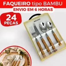 Kit Faqueiro Tropicale 24 Peças Aço Inox Cabo Bambu Imitando Madeira Plástico