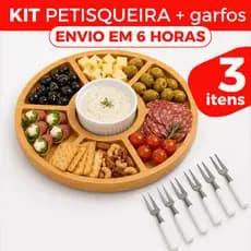 Kit Petisqueira de Madeira Redonda com Molheira Ramekin e Garfinhos para Petiscos Frios e Queijo