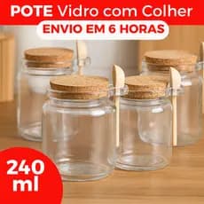 Pote de Vidro 240ml com Tampa Rolha e Colher de Bambu Lyor Saleiro Porta Temperos 1 a 4 Unidades