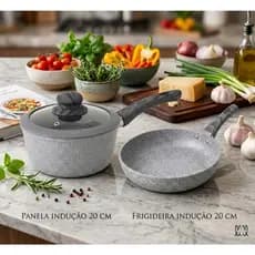 Panela 20cm + Frigideira Indução 20cm Antiaderente Granito Revestimento Cerâmica Cabo Soft Touch