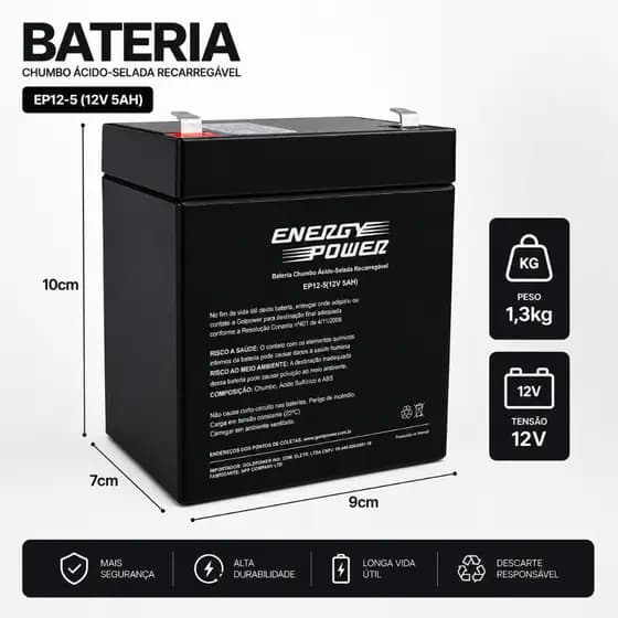 Bateria 12V 5AH Recarregável Multiuso - Nobreak, Alarmes Etc