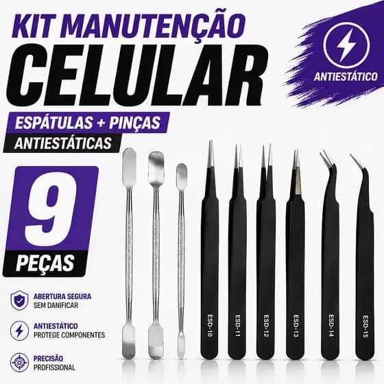 KIT MANUTENÇÃO CELULAR 9 PEÇAS – ESPÁTULAS + PINÇAS ANTIESTÁTICAS PRECISÃO PROFISSIONAL
