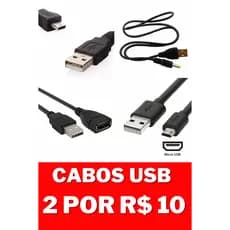 2 Cabos USB Diversos - Cabo Micro USB V8 - Cabo USB Mini B V3 - Cabo USB Macho Fêmea - Cabo USB Alimentação - Barato