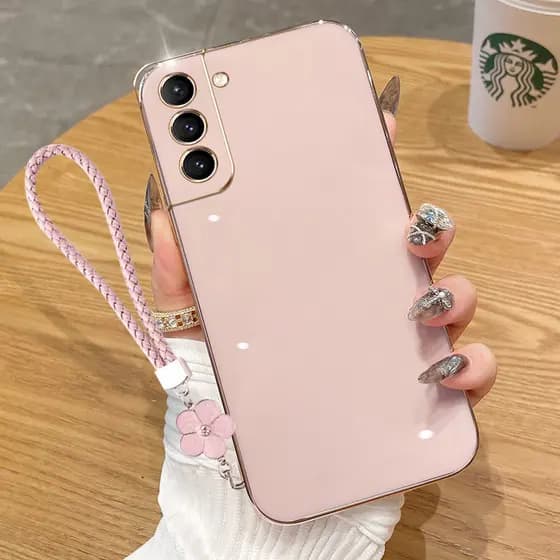 Caixa Para Samsung Galaxy S20 S21 Plus Ultra FE S20 + S21 + Luxo Com Borda Reta Eletroplatada De Silicone Protetora Telefone Corda Pendurar Flores
