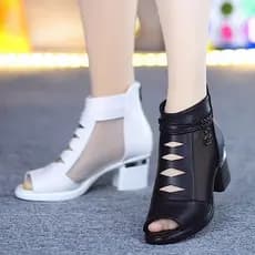 Sapatos Femininos De Malha Boca De Peixe , Sandálias De Salto Médio , Únicos Baixo , Novas Couro Macio nubuck Elegantes