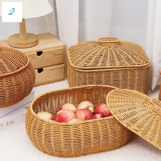 Cesta Redonda De Frutas Tecida Em Rattan-Caixa De Armazenamento De Brinquedos Cosméticos Para Joias De Lanche