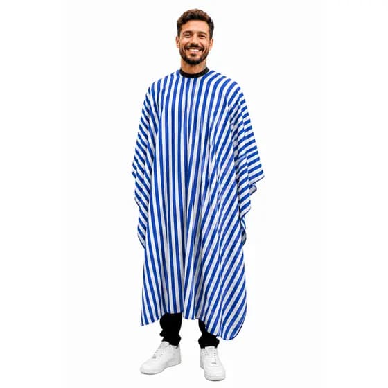 Capa De Corte de Cabelo Profissional Grande Listrada p/ Barbearia, Salão de Beleza - Azul e Branco