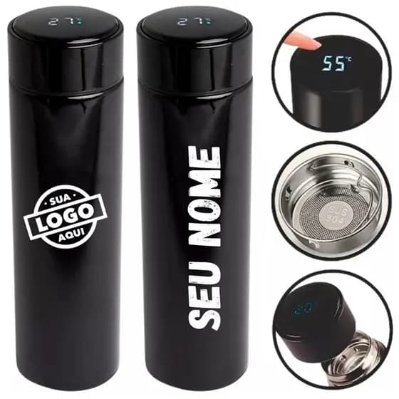 Kit 24 Garrafas Térmica 500ml Inox Personalizada Laser Display LED Digital Mede Temperatura Parede Dupla Nome Logo Time