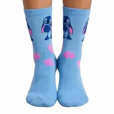 Meia STITCH AZUL Divertida Cano Longo Estampada frio Personagem tamanho Unico 35 a 44