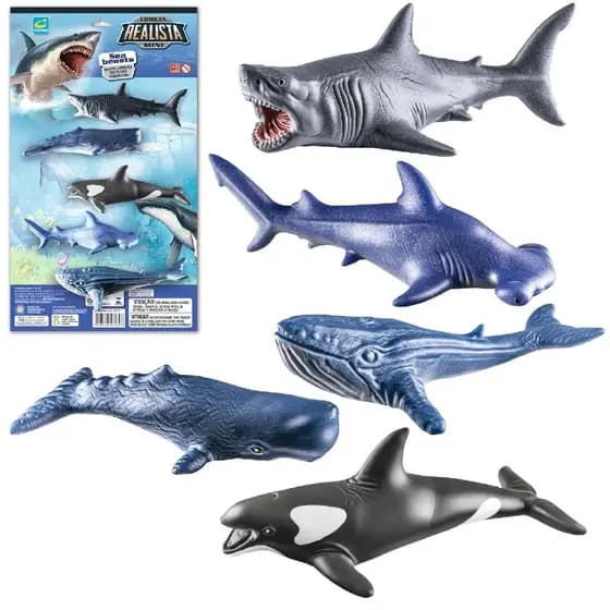 Kit Com 5 Mini Animais Aquáticos Tubarão e Baleia Realista Brinquedo em Vinil Macio e Texturizado