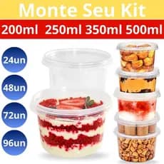 Kit Pote Plástico Redondo Descartável C/Tampa 200/250/350/500ml 24Un P/Bolo de Pote Açaí Marmita - Freezer Microondas