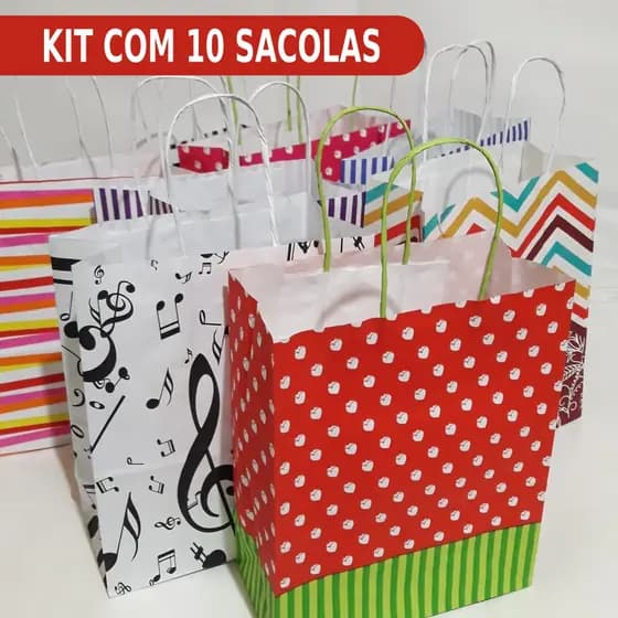 Sacolas Coloridas de papel - Pacote com 10 Unidades - com alça de cordão 18cmx9cmx22cm