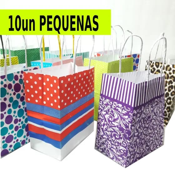 Sacolas Coloridas de papel - pequena - Pacote com 10 Unidades - com alça de cordão 14cmx8cmx16cm