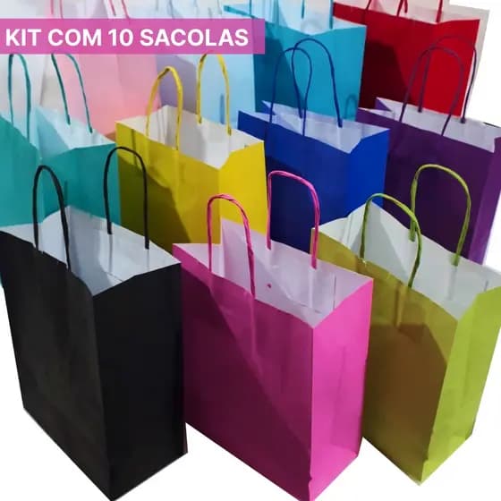 Sacolas de papel colorida - Pacote 10 Unidades - alça de cordão 18cmx9cmx22cm