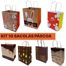 Sacolas de papel pascoa, chocolate e coelho - Pacote 10 Unidades - alça de cordão