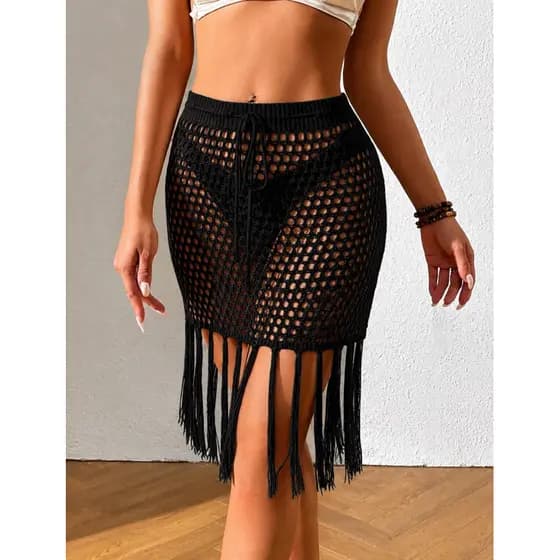 Saida de praia Saia de crochê  com franjas Tricot verão