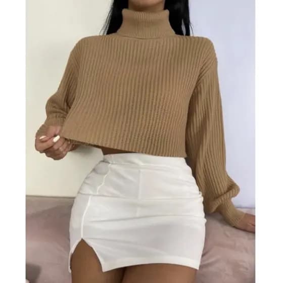 Blusa cacharrel ombro caído gola alta tricô tricot