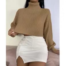 Blusa cacharrel ombro caído gola alta tricô tricot