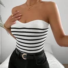 Tomara que caia listrado cropped top listras moda tricô casual elegante