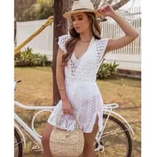 Saída de praia feminina tricot bordado vestidinho de praia crochê