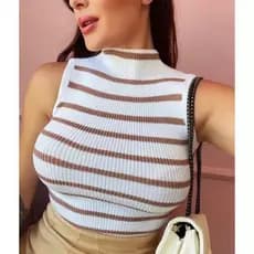 Blusa regata tricot listrada moda básica tom neutro com listras old money