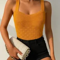 Top feminina tricot premium canelado alcinha larga decote quadrado