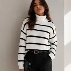 Blusa de frio suéter cacharrel listrada manga longa gola alta moda tricot inverno