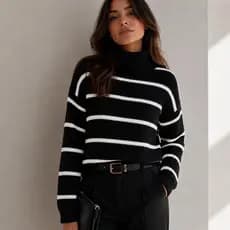 Blusa cacharrel manga longa quentinha listras gola alta moda feminina tricot inverno