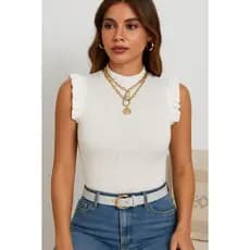 Regata garrafinha gola alta babado corte slim tricot moda básica diária