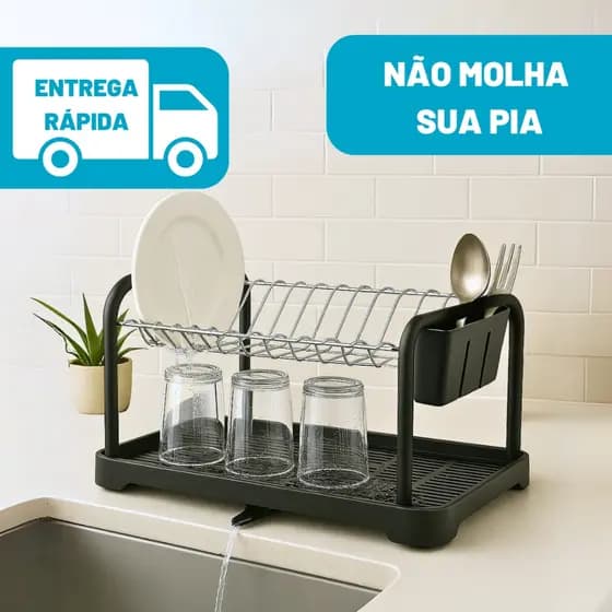 Escorredor De Louça Pratos Copos Talheres Aço Duplo Com Bica Preto
